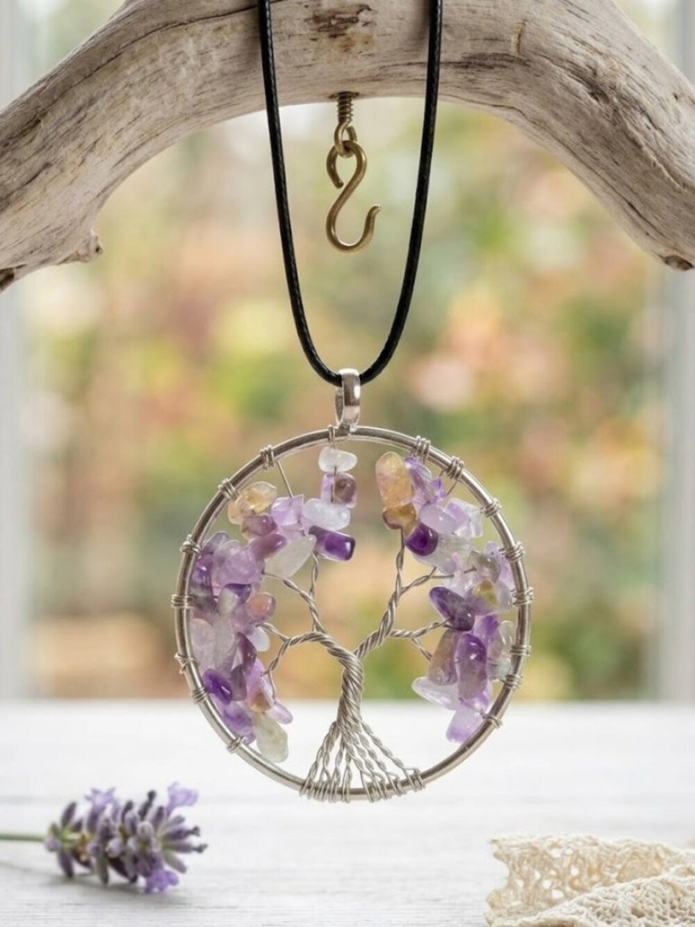 Genuine Amethyst Crystal Tree of Life Pendant Necklace Silver Plated Cottagecore